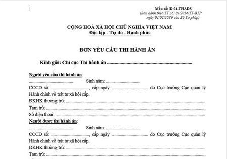 MẪU ĐƠN YÊU CẦU THI HÀNH ÁN MỚI NHẤT